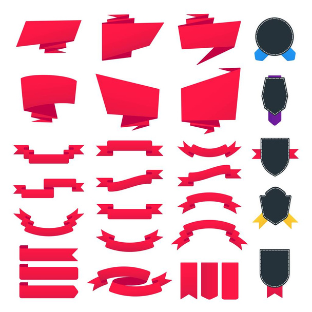 Set van rode retro linten en etiketten verloopeffect platte stijl ontwerp vector illustratie geïsoleerd op witte achtergrond. Badges en linten. - Vector, afbeelding