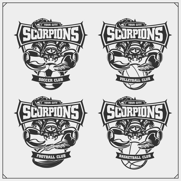 Volleybal-, basketbal-, voetbal-en voetbal logo's en-labels. Sport Club emblemen met Scorpion. Print ontwerp voor t-shirts. - Vector, afbeelding
