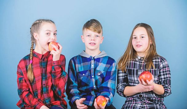 Eat natural, be healthy. Small group of little children holding natural red apples. Natural food is good for childrens health. Natural joy in healthy eating - Фото, зображення