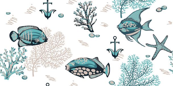 Sea seamless pattern with corals, starfishes and tropical fishes 1/Sea seamless pattern with corals, starfishes and tropical fishes - Διάνυσμα, εικόνα