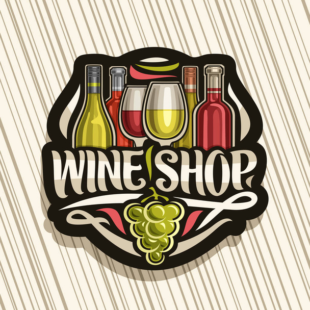 Vektorové logo pro vinařský obchod, černá tabule s vyobrazenicemi italských vinných lahví a napůl plné skleněné skleničky, ozdobné kudrinky a nápisy na slova obchod s vínem, zelená banda vinných hroznů - Vektor, obrázek