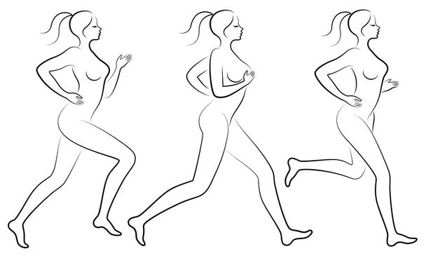 コレクション。スレンダーレディのシルエット。少女は走っています。女性はスポーツのために行く, 健康を強化.ベクトルイラストセット - ベクター画像