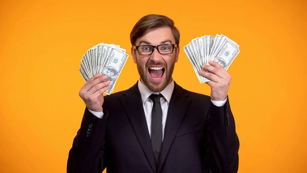 Excited man showing bunch of dollars, successful investment project, money - Foto, Imagem