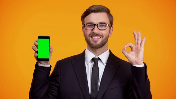 Man of business showing smartphone with green screen and ok gesture, cash-back - Φωτογραφία, εικόνα