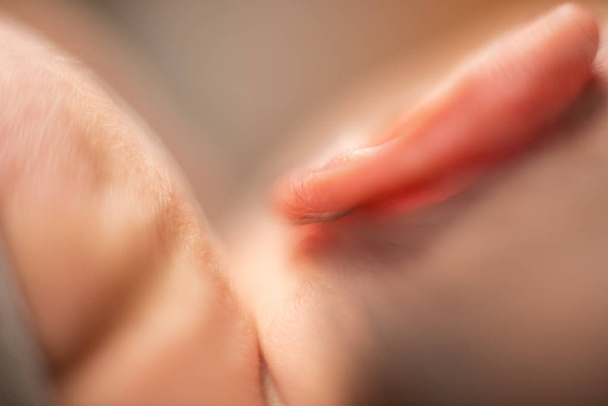 Haare am Ohr eines Neugeborenen, niedlich, Körperteile, Makroaufnahme, Nahaufnahme. Selektiver Fokus - Foto, Bild