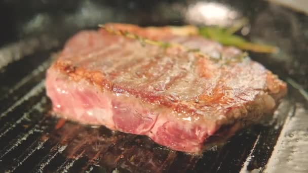 pork chop roasting grilled pan meat cooking - Video, Çekim