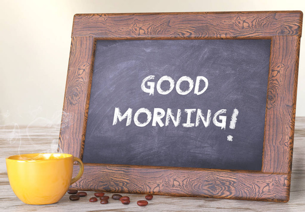 Заголовок "Доброе утро" написан шалком на доске, чашкой кофе
 - Фото, изображение