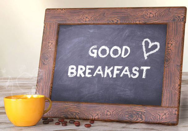 Dobrý název snídaně napsaný s křídou na tabuli, šálek kávy  - Fotografie, Obrázek