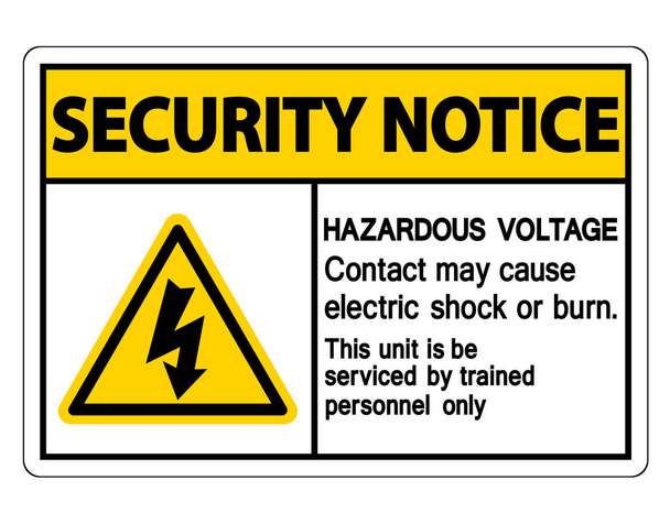Avviso di sicurezza Tensione pericolosa contatto può causare scossa elettrica o bruciare segno su sfondo bianco, illustrazione vettoriale
 - Vettoriali, immagini