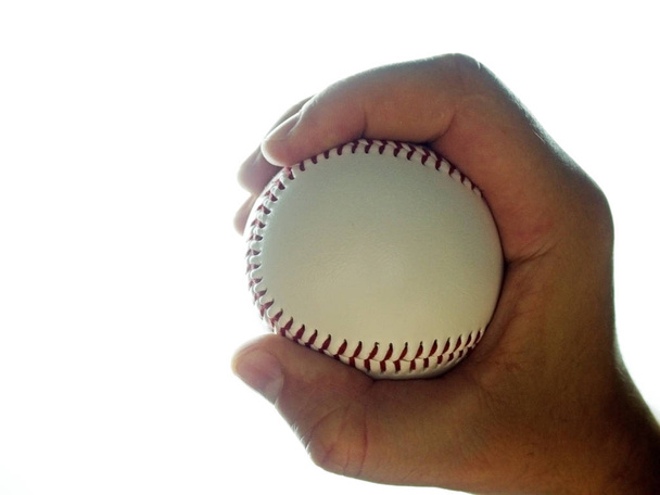 Pallone da baseball in mano maschile su sfondo bianco
 - Foto, immagini