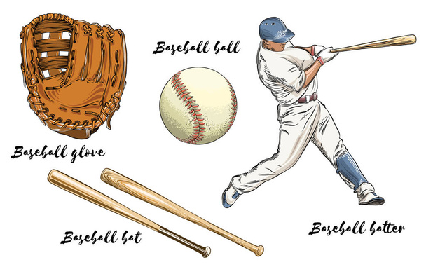 Juego de béisbol en color. Aislado sobre fondo blanco. Elementos dibujados a mano como jugador de béisbol, guante, bate y pelota. Ilustración vectorial
 - Vector, Imagen