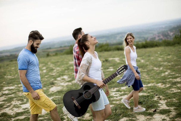 Skupina šťastných mladých lidí s akustickou kytarou v letním poli - Fotografie, Obrázek