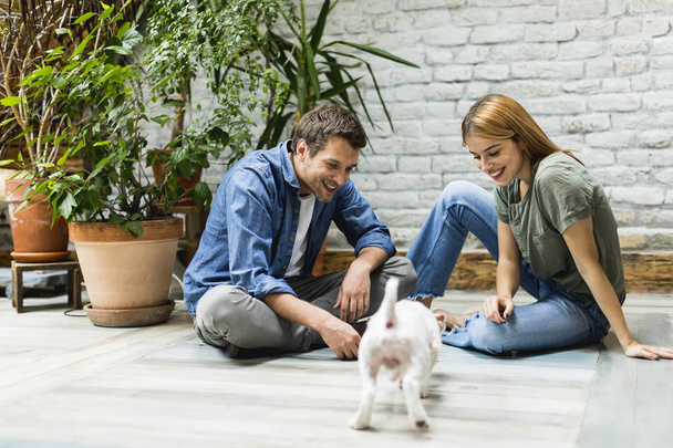 Lovely young couple sitting at rustic living room floor and playing with cute white dog - Fotó, kép