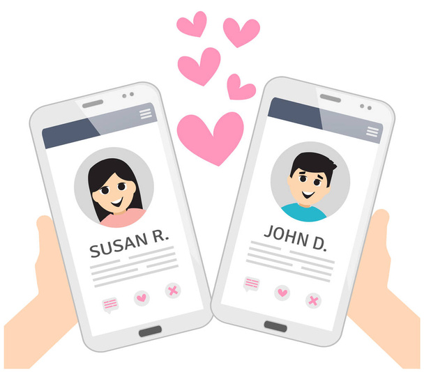 Akıllı telefonda sosyal medya profili. Dating uygulaması online mobil konsept, düz tasarım tarzı vektör illüstrasyon - Vektör, Görsel