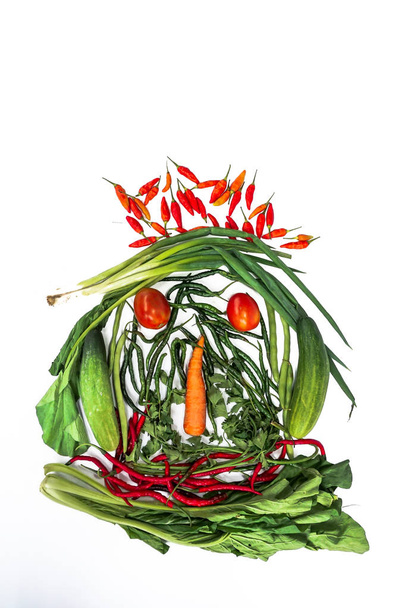 Φρέσκα λαχανικά με τη μορφή προσώπων με λευκό φόντο. Τσίλι, μελιτζάνα, καρότα, ντομάτες, αγγούρι - Φωτογραφία, εικόνα