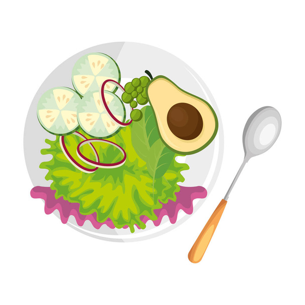 вкусный овощной салат на тарелке и столовые приборы
 - Вектор,изображение