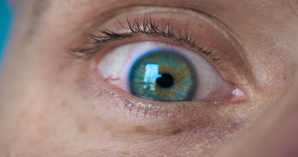 Lidské oko je vyobrazena velmi těsně s hnědou (Hazel) barvou oka a bliká. Koncepce: Hazel, blízko oka, člověče, Žena. - Záběry, video