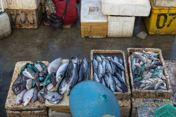 A halak eladók a Jimbaran Bali halpiac. Értékesíti a különböző típusú friss halat, hogy nemrég fogott - Fotó, kép