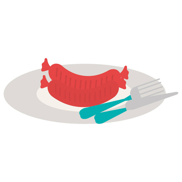 delicious sausage in dish with cutleries - Vector, Image