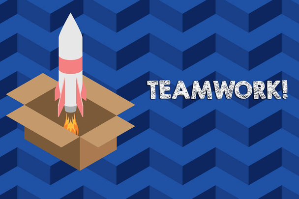 Writing note showing Teamwork. Business photo showcasing combined action of group especially when effective and efficient Fire launching rocket carton box. Starting up project. Fuel inspiration. - Photo, Image