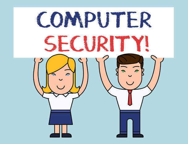 Schreibnotiz, die Computersicherheit zeigt. Geschäftsfoto, das den Schutz von Computersystemen vor Diebstahl oder Beschädigung zeigt, zwei lächelnde Menschen, die eine Plakatwand mit den Händen über dem Kopf halten. - Foto, Bild