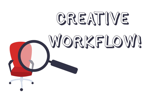 Fogalmi kézi írás bemutatás kreatív workflow. Üzleti fénykép szövegét a folyamat által vállalt társaság s kreatív csapat nagyító irányul a Red forgószék kar nyugszik. - Fotó, kép