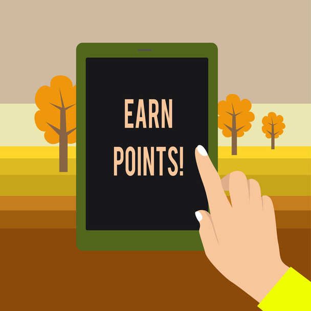 Text sign showing Earn Points. Conceptual photo collecting scores in order qualify to win big prize Female Hand with White Polished Nails Pointing Finger Tablet Screen Off. - Photo, Image