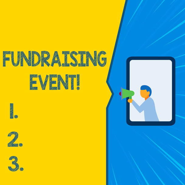 Word writing text Fundraising Event. Business concept for campaign whose purpose is to raise money for a cause Isolated geometrical background man chest holding megaphone speech bubble. - Photo, Image