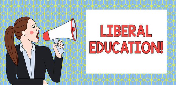 Handwriting text writing Liberal Education. Concept meaning education suitable for the cultivation of free huanalysis being Young Woman Jacket Ponytail Shouting into Loudhailer Rectangular Text Box. - Photo, Image