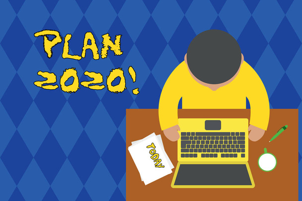 Handwriting text writing Plan 2020. Concept meaning detailed proposal doing achieving something next year Upper view young man sitting working table laptop documents coffee cup pen. - Photo, Image