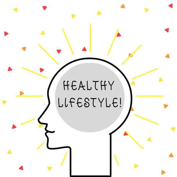 Conceptual hand writing showing Healthy Lifestyle. Business photo showcasing way of living that lowers the risk of being seriously ill Outline Silhouette Human Head Surrounded by Light Rays Blank. - Photo, Image