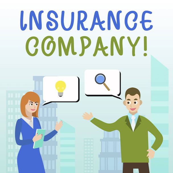 Handwriting text writing Insurance Company. Concept meaning company that offers insurance policies to the public Business Partners Colleagues Jointly Seeking Problem Solution Generate Idea. - Photo, Image