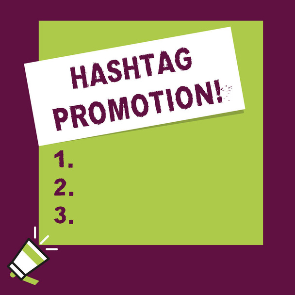 Word írás szöveg hashtag Promotion. Üzleti koncepció több bemutató is felfedezni, és vegyenek részt a tartalmi beszéd trombita a bal alsó és a papír csatolt téglalap háttér. - Fotó, kép