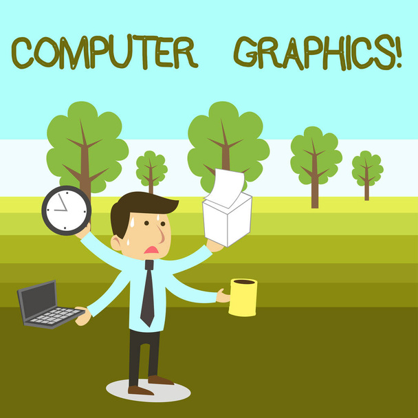 Text sign showing Computer Graphics. Conceptual photo visual representations of data displayed on a monitor Stressed Out Male Employee Manager Many Armed Multitasking Meet Deadline. - Photo, Image