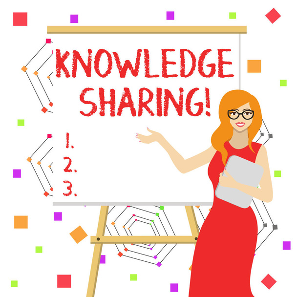 Word writing text Knowledge Sharing. Business concept for deliberate exchange of information that helps with agility White Female in Glasses Standing by Blank Whiteboard on Stand Presentation. - Photo, Image