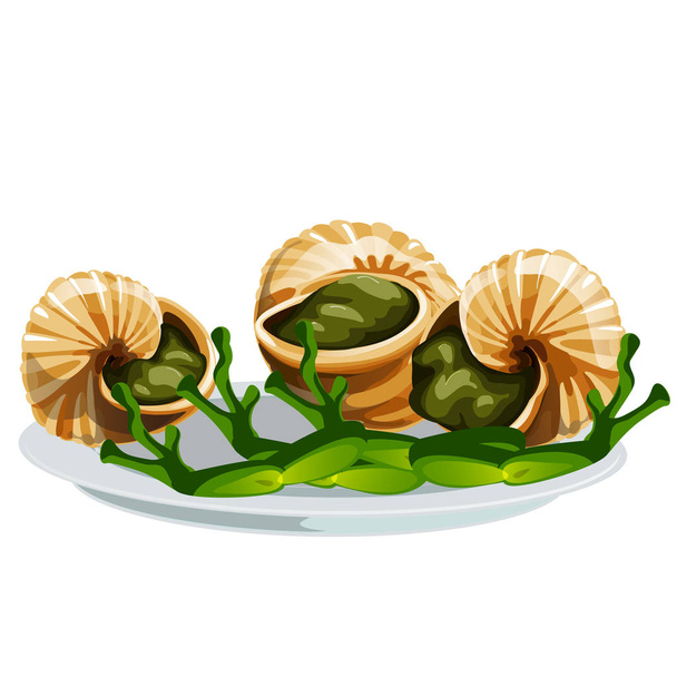 escargot, ein köstliches französisches Gericht aus Schnecken isoliert auf weißem Hintergrund, animierte Froschschenkel. Vektor-Karikatur in Nahaufnahme. - Vektor, Bild