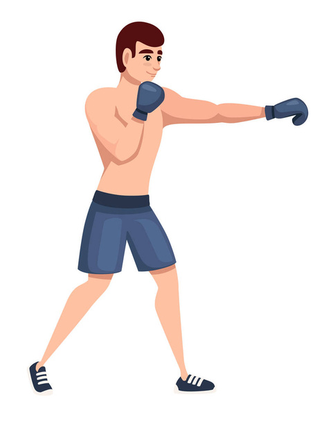 ボクシンググローブ付きスポーツパンツのボクサーパンチングトレーニングキャラクターデザインフラットベクトルイラストは白い背景に隔離 - ベクター画像