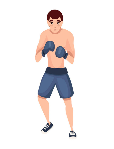 Nyrkkeilijä urheilu housut nyrkkeilyhanskat seistä puolustava asento koulutus sarjakuvahahmo suunnittelu tasainen vektori kuva eristetty valkoisella taustalla
 - Vektori, kuva