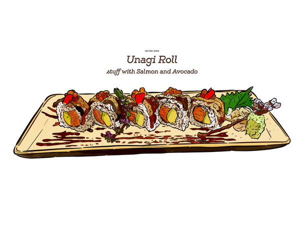 Японська традиційна їжа, Унагі рол суші. Рука нічиєї ескіз VE - Вектор, зображення