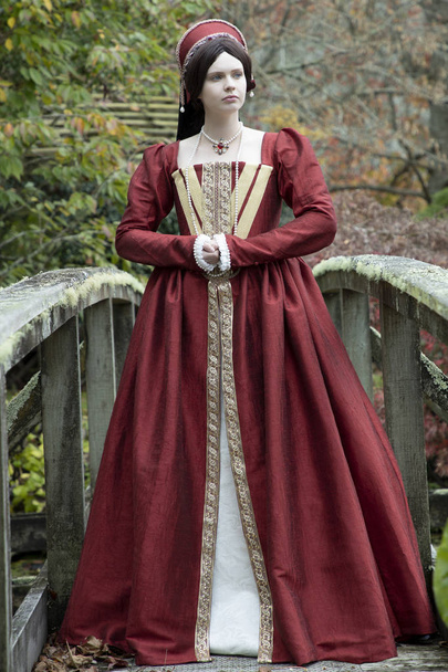 Kırmızı elbiseli koyu saçlı Tudor kadın - Fotoğraf, Görsel