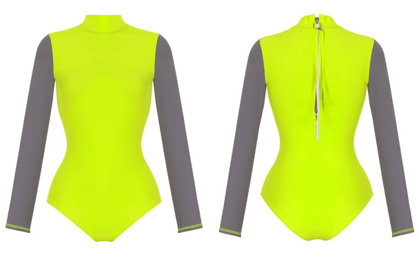 Beautiful trendy long-sleeved neon green yellow swimsuit, ghost mannequin, clipping, isolated on white, front and back view. New summer fashion - Fotoğraf, Görsel