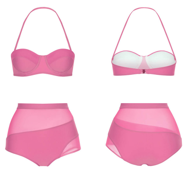 Schöne trendige helle Bikini, rosa Badeanzug, Geisterpuppe, Clipping, isoliert auf weiß, Vorder- und Rückseite - Foto, Bild