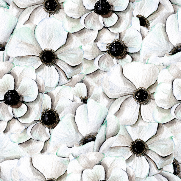 Bezszwowy wzór akwareli białych Anemones, ręcznie rysowane na białym tle - Zdjęcie, obraz