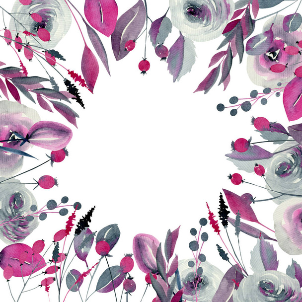 Plantilla de tarjeta con rosas y plantas índigo y carmesí, dibujada a mano sobre un fondo blanco
 - Foto, Imagen