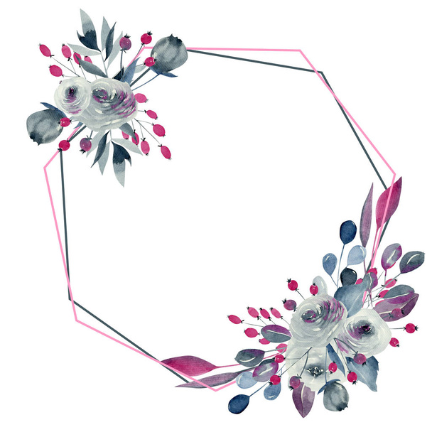 Marco poligonal de añil acuarela y rosas y plantas carmesí, dibujado a mano sobre un fondo blanco
 - Foto, imagen