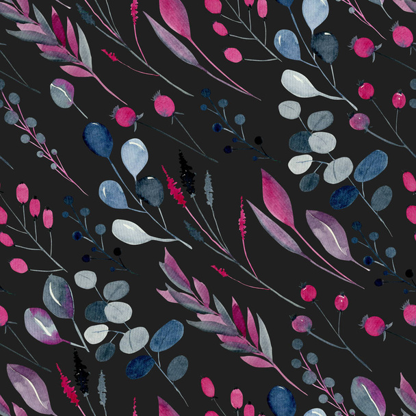 Watercolor indigo and crimson abstract plants seamless pattern, hand drawn on a dark background - Photo, Image