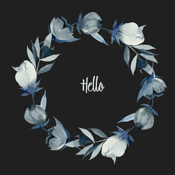 Wreath of watercolor indigo flowers, hand drawn on a dark background, greeting card design - 写真・画像