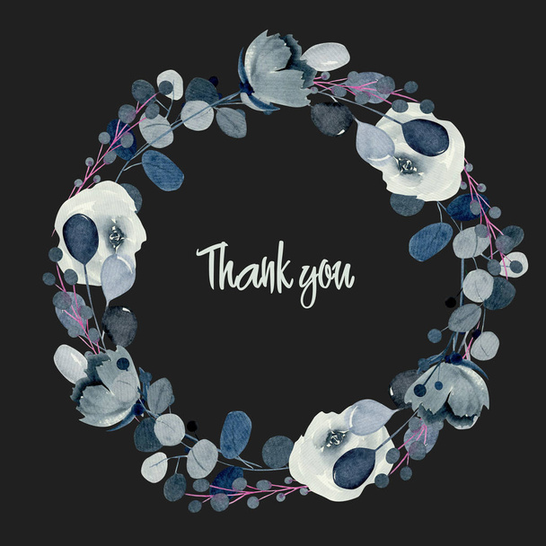 Венок из акварели индиго розы и другие цветы и растения, нарисованные вручную на темном фоне, Спасибо дизайн открытки
 - Фото, изображение