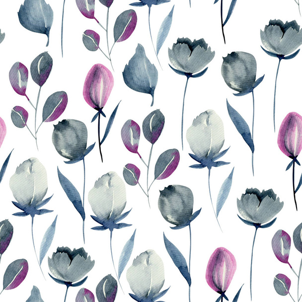Watercolor indigo flowers seamless pattern, hand drawn on a white background - Valokuva, kuva