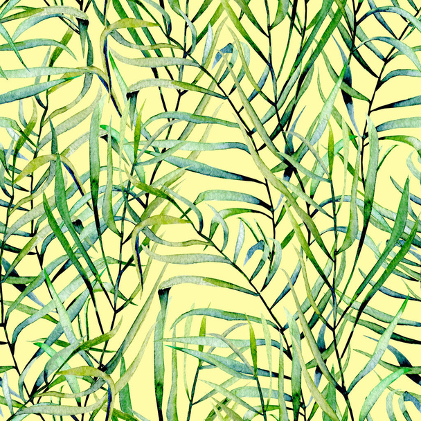 Watercolor fern leaves seamless pattern, hand drawn on a yellow background - Fotoğraf, Görsel
